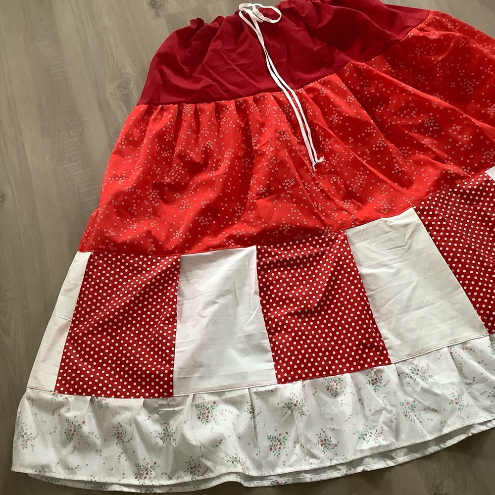 Red Patchwork Skirt Long Adjustable Drawstring Wa… - image 7